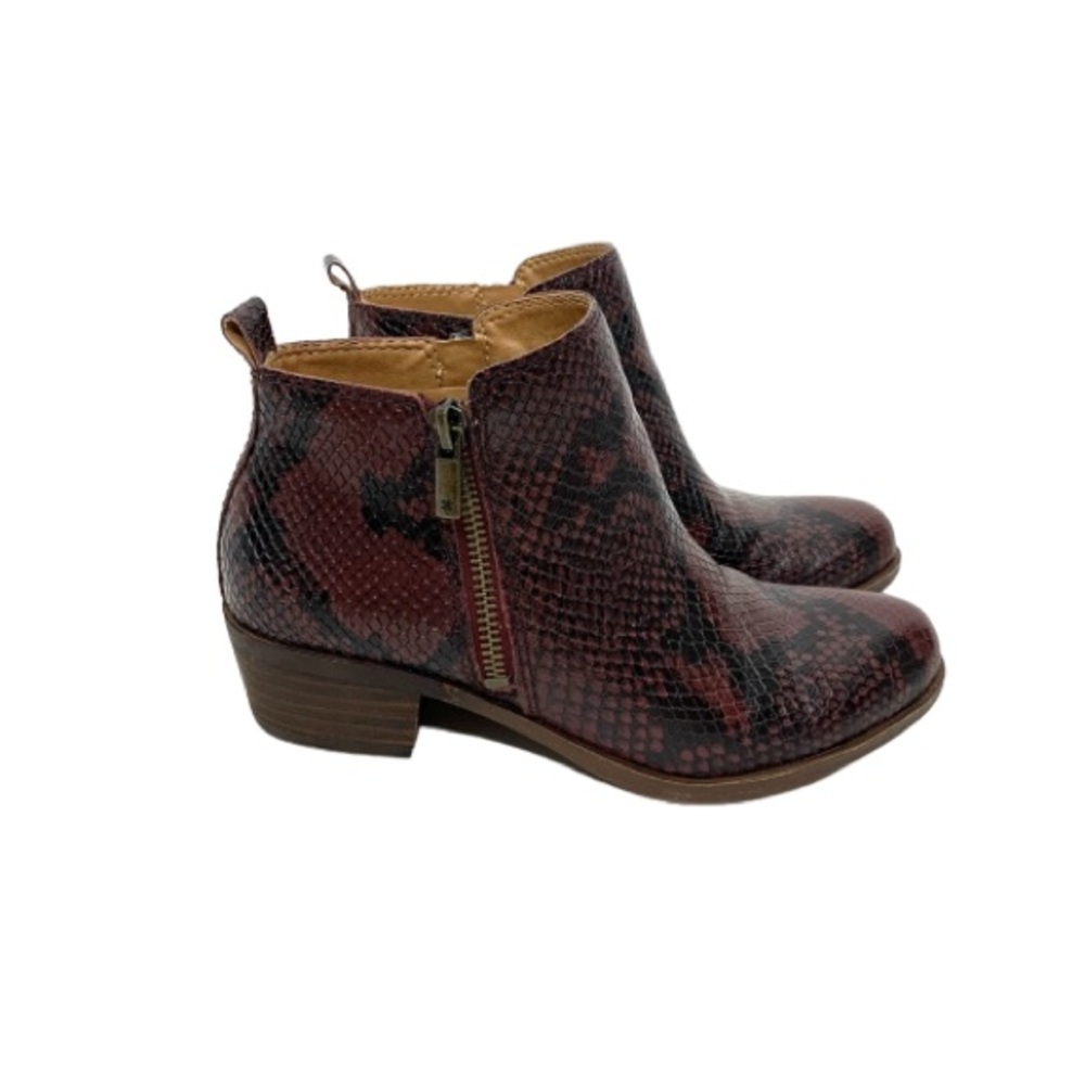 Lucky Brand Basel Snakeskin Print Double Zipper Booties Ankle Boot Maroon Hue